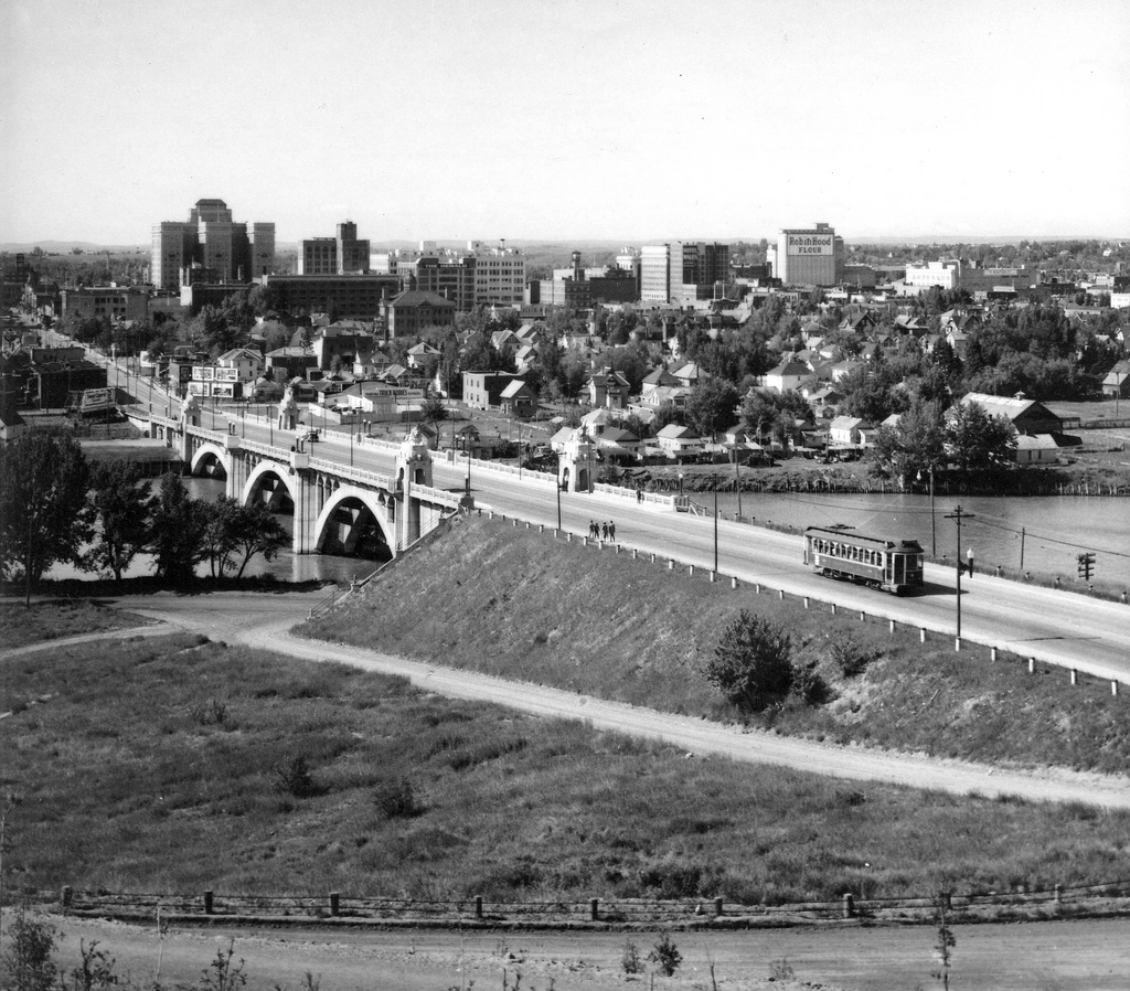 calgary centre street bridge downtown worldwar 2 era historical photo